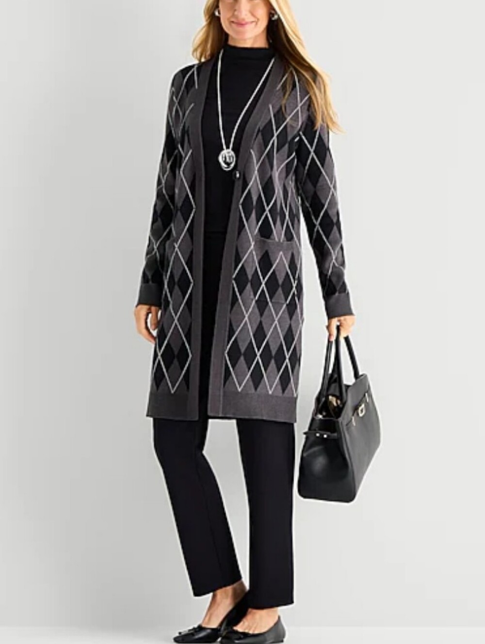Liz Claiborne Gray and Black Argyle Long Cardigan - Picture 2 of 7